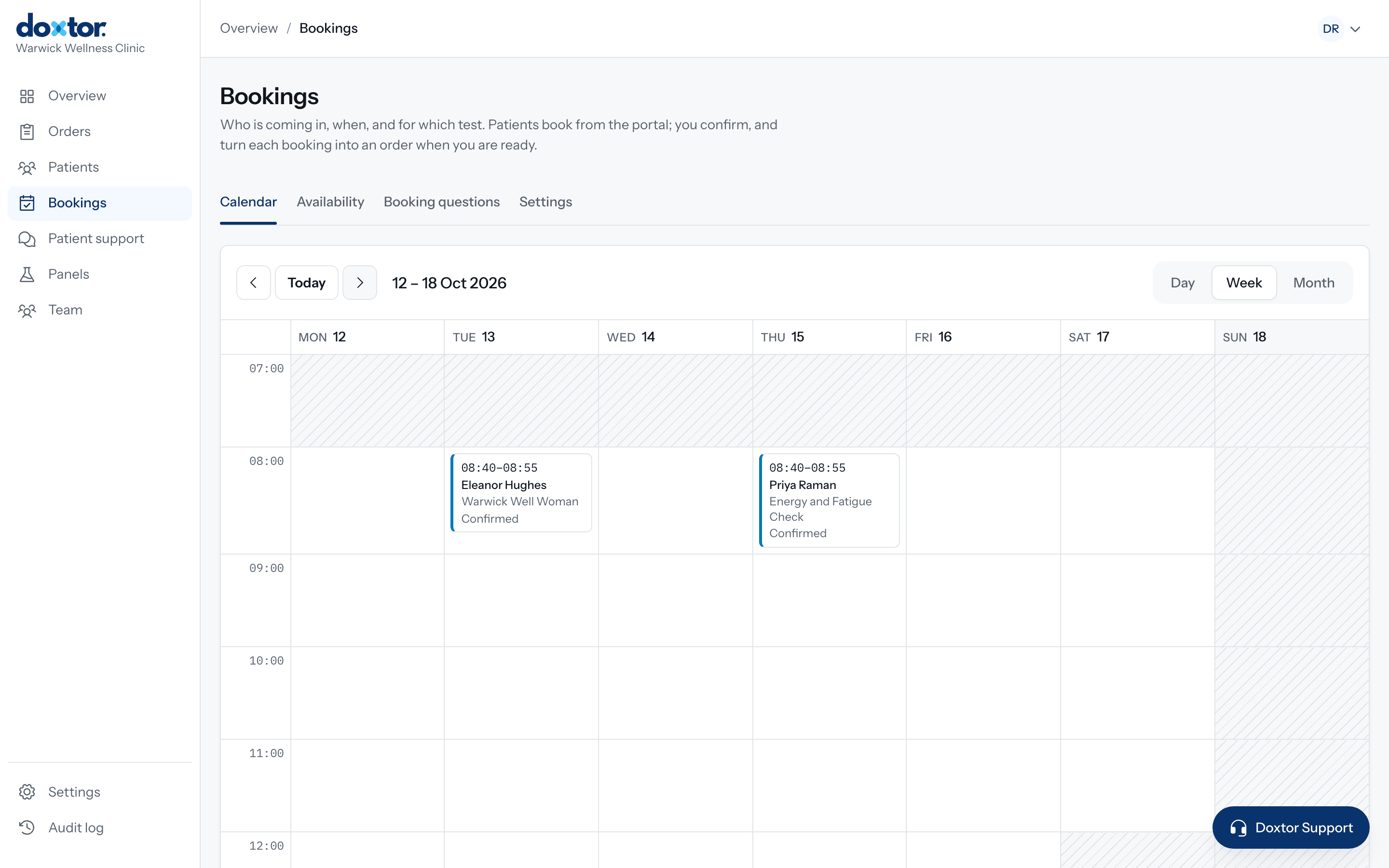 The bookings calendar in the Doxtor console, showing a week with confirmed appointments for named tests