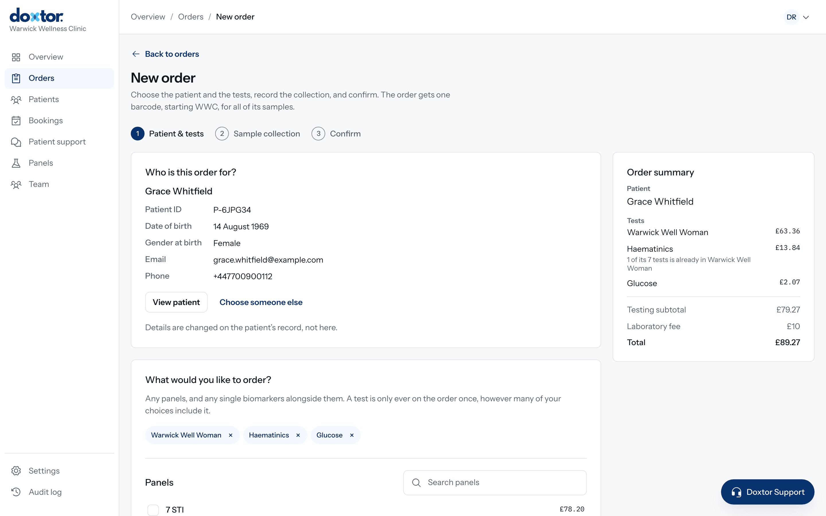 The first step of a new order in Doxtor, with a patient selected and tests chosen