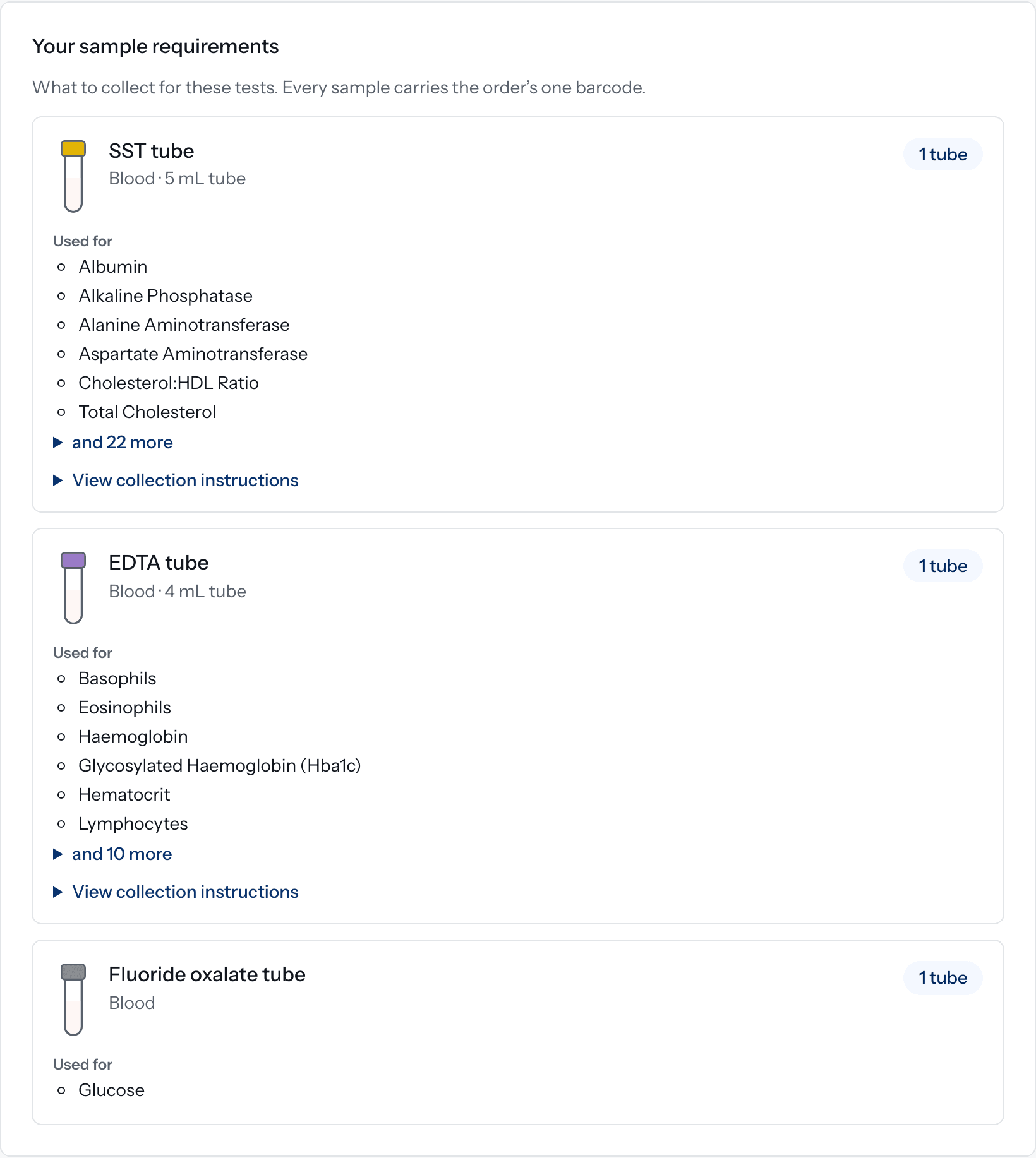 Close-up of Doxtor's collection summary: each tube type with the number to collect and the tests it is for
