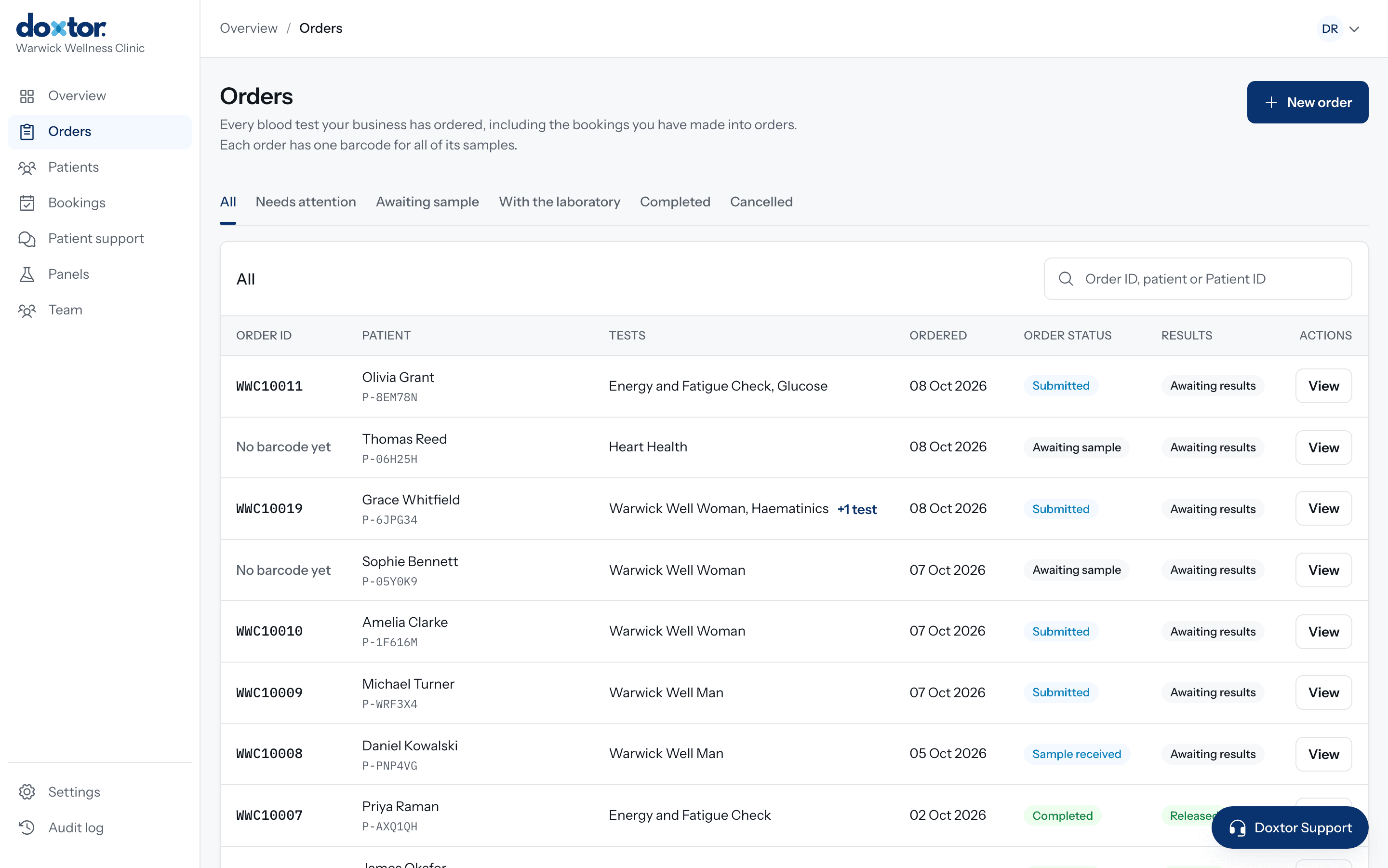 The orders list in the Doxtor clinic console