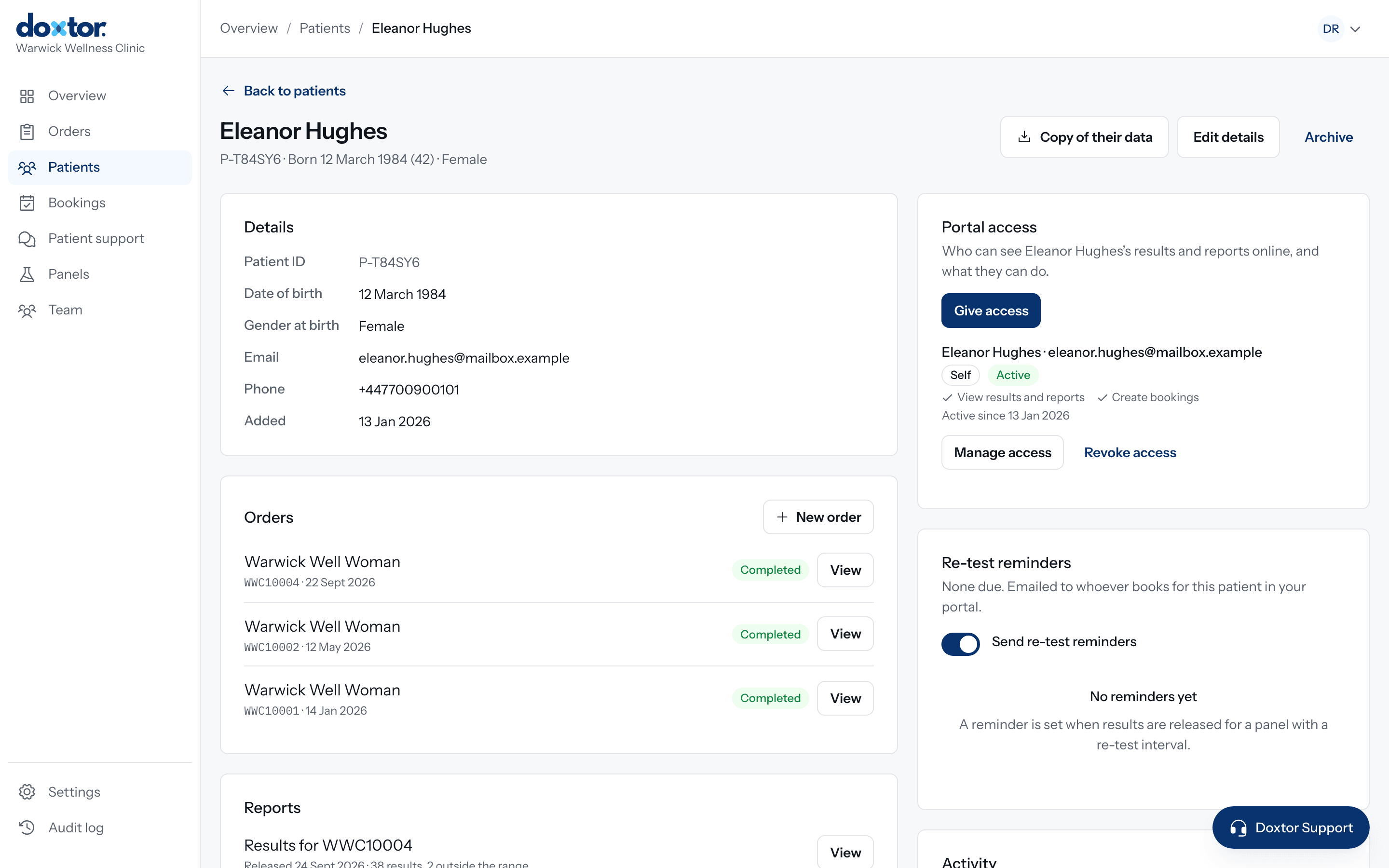 A patient's record in Doxtor, with their details, orders and released reports
