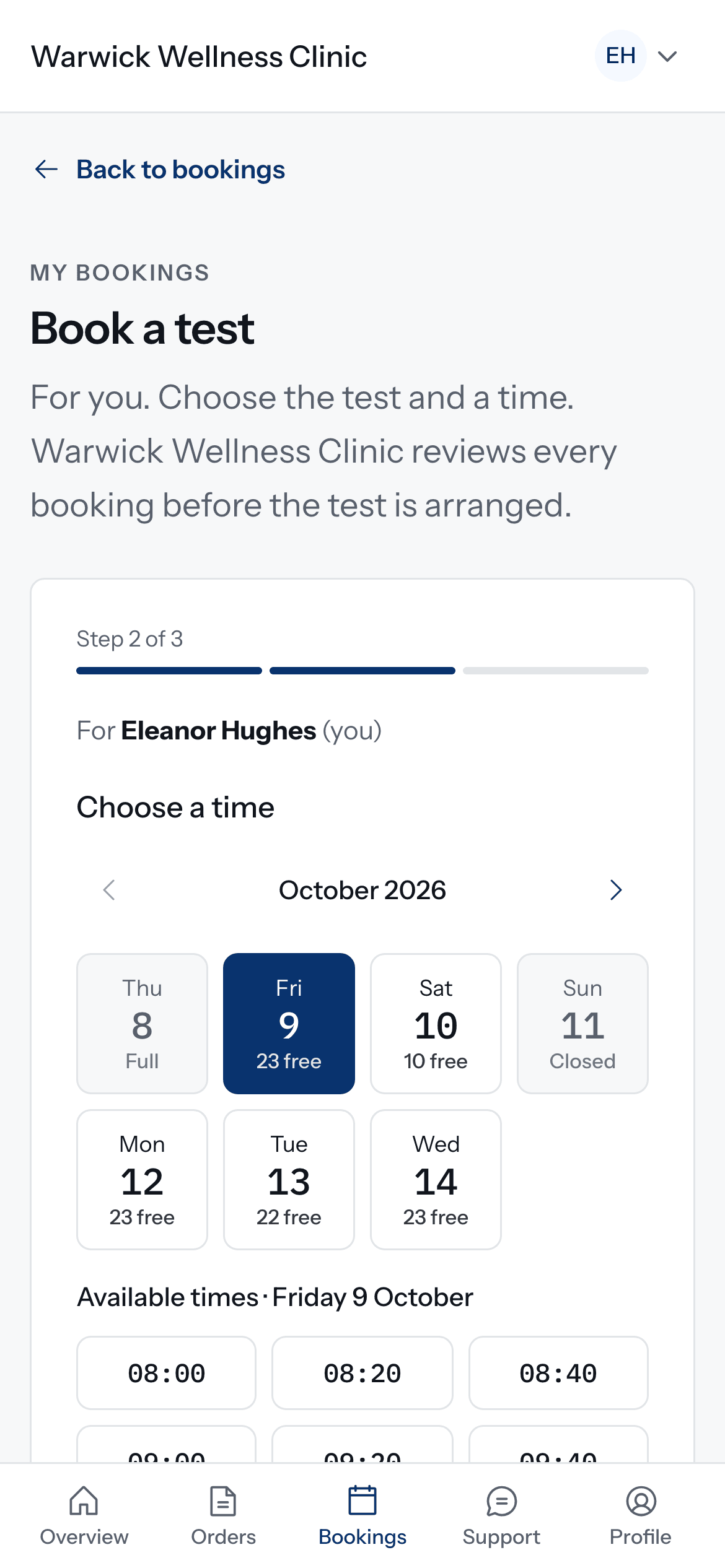 A patient booking a test in the patient portal on a phone, choosing a day and a time