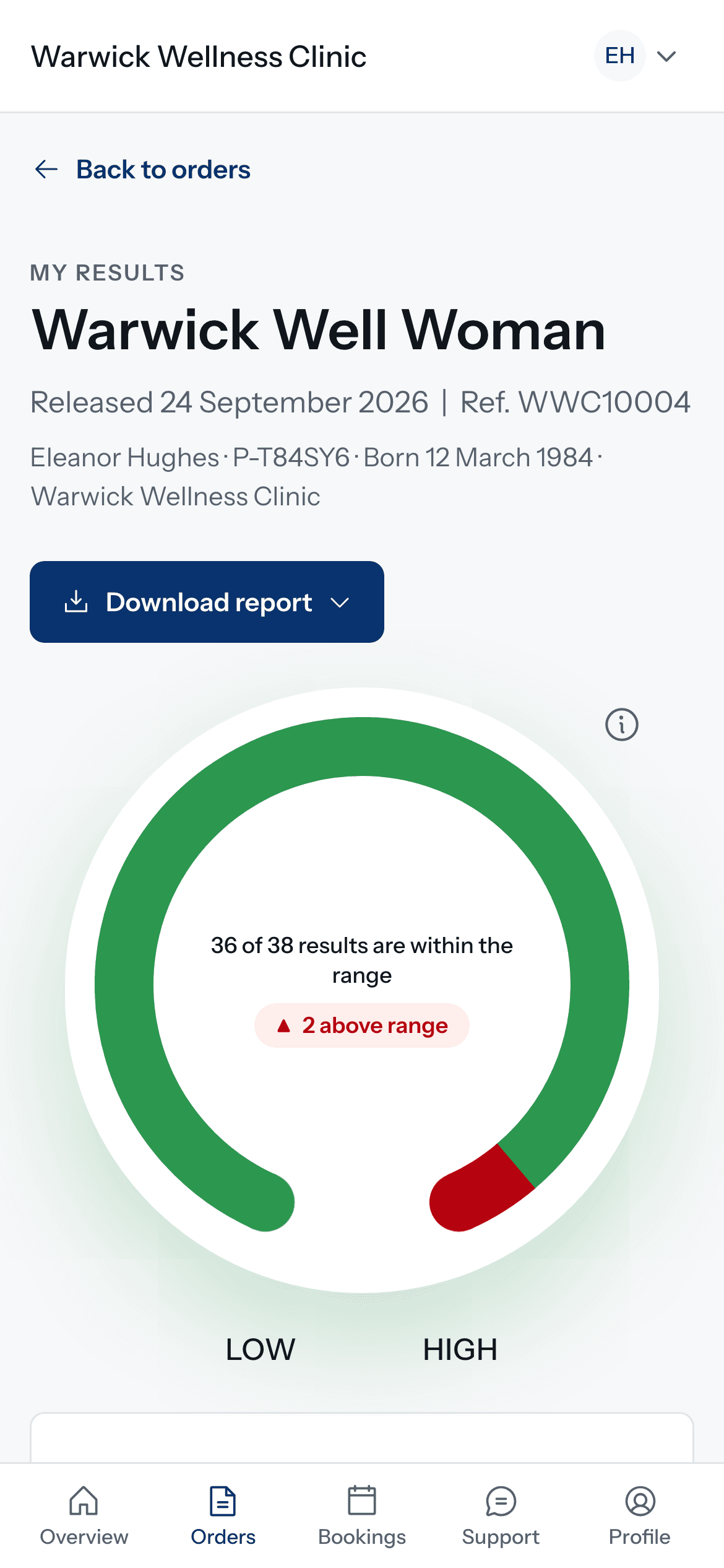 A patient's report open in the patient portal on a phone
