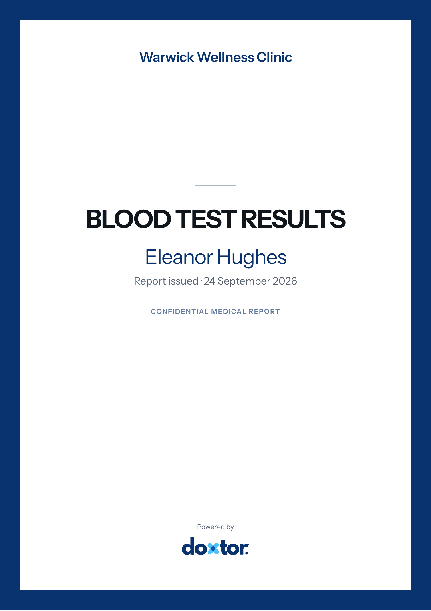 The cover page of a blood test report as Doxtor Free produces it: the clinic's name at the top and Powered by Doxtor at the foot