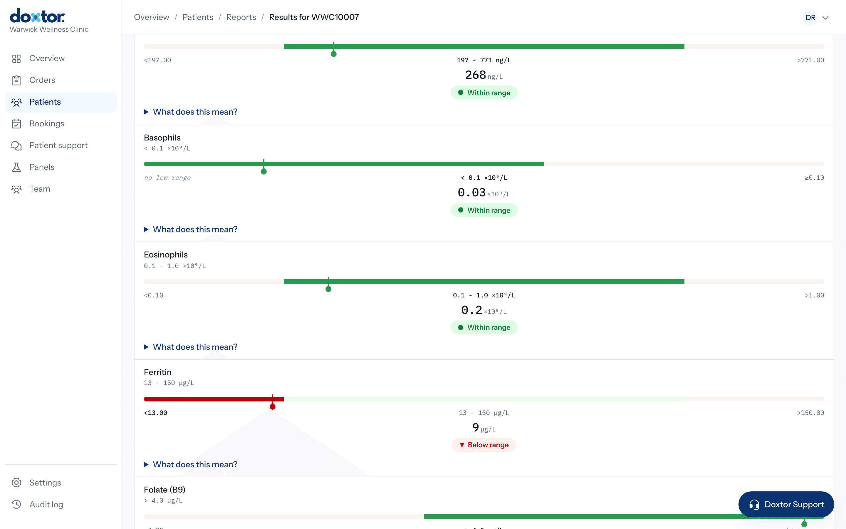A released blood test report in the Doxtor clinic console