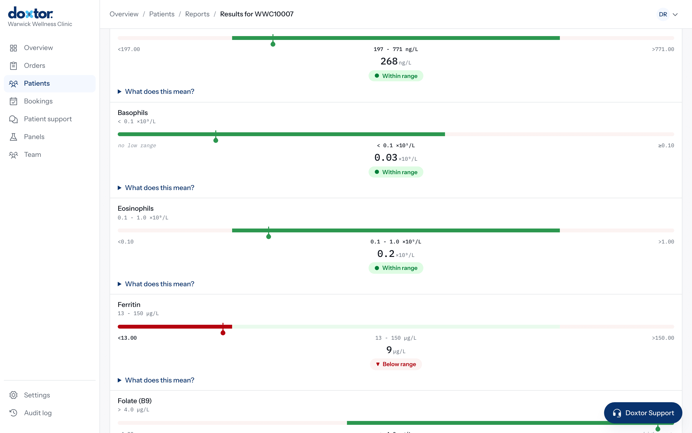 A released blood test report in the Doxtor clinic console, with each result shown against its reference range
